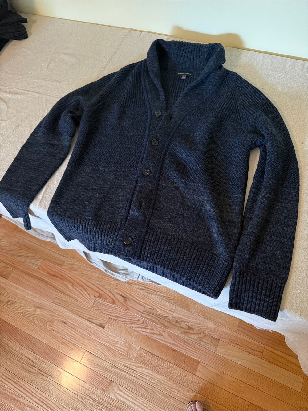 Men's Navy Shawl Collar Button-Up Sweater